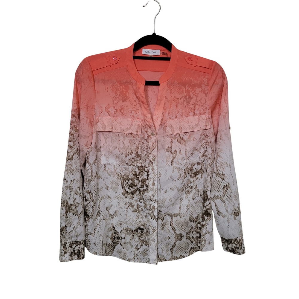 Calvin Klein XS Button Down Womens Coral Ombre Snakeskin Utility Blouse